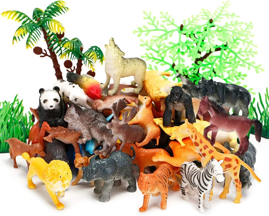 Animal Figurines Toys, 52 Pcs Small Mini Realistic Safari Zoo Plastic Animals Figures Learning Educational Toy Set for Kids Toddlers Jungle Wild Forest Animals Playset Cupcake Topper