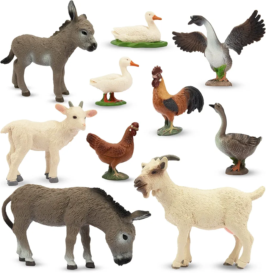 Toymany 10PCS Farm Animals Figures, Realistic Farm Animal Toys Plastic Figurines Playset includes Gooses Hen Donkeys Goats Ducks for Toddlers Kids Cake Topper Education Christmas Birthday Gift