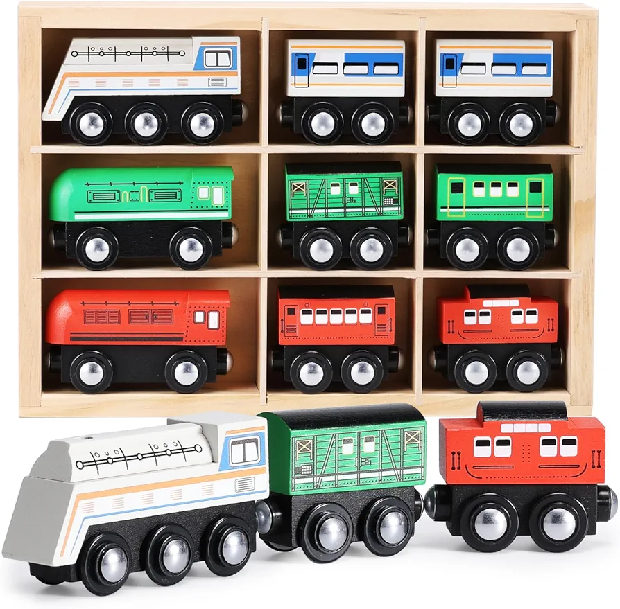 SainSmart Jr. 9 Pcs Wooden Train Set Magnetic Train Toys for Toddlers Kids Engine Vehicles Toy Train Cars for Boys Girls Compatible with Train Tracks