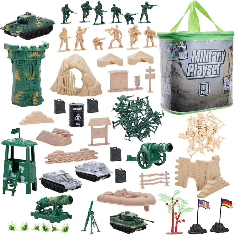 Juvale 100-Piece Army Men Toy Soldiers Playset for Boys – Small Plastic Action Figures, Military Battlefield Fort Accessories, Tanks