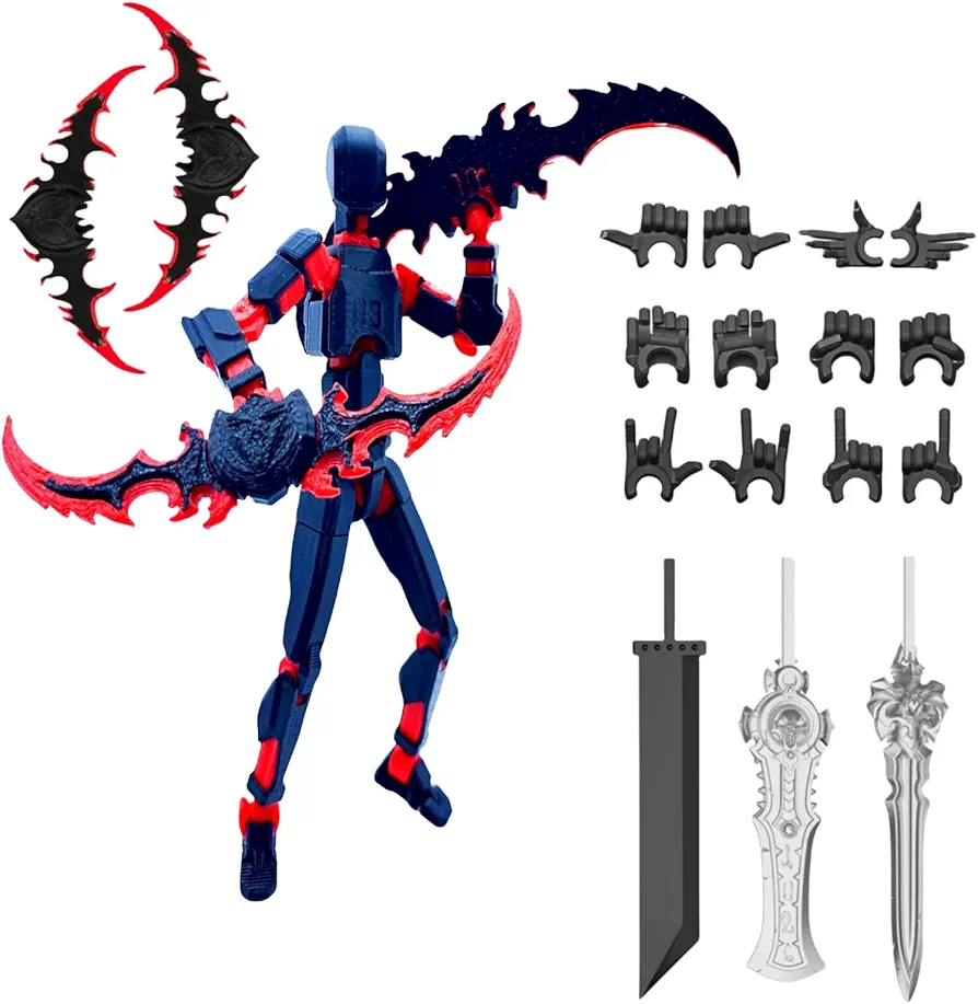 Pre-Assembly 3D Printed 5.54'' Dummy13 Action Figure, Multi-Jointed Tian13, Articulated T13 Desktop Decoration,12 in 1 Accessories, Best Birthday Festival Gift (Black+red)