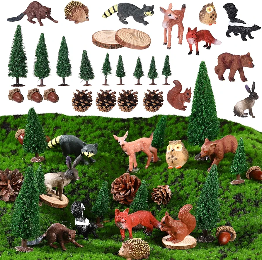 Sratte 26 Pcs Forest Animals Figures Playset,10 Animals Figures 9 Model Trees 3 Acorn 4 Pinecone Animal Figurines Diorama Supplies for Cake Toppers Gift Birthday Party Decor