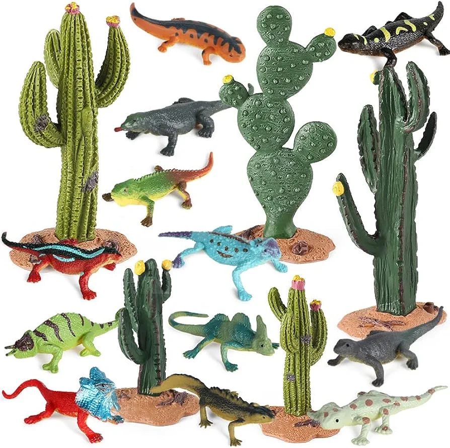 Lizard Toys and Cacti Figures, 17Pcs Plastic Desert Reptiles Figurines, Educational Animal Toys Playset&Gift for Kids, Great for Landscape Decoration Party Favor