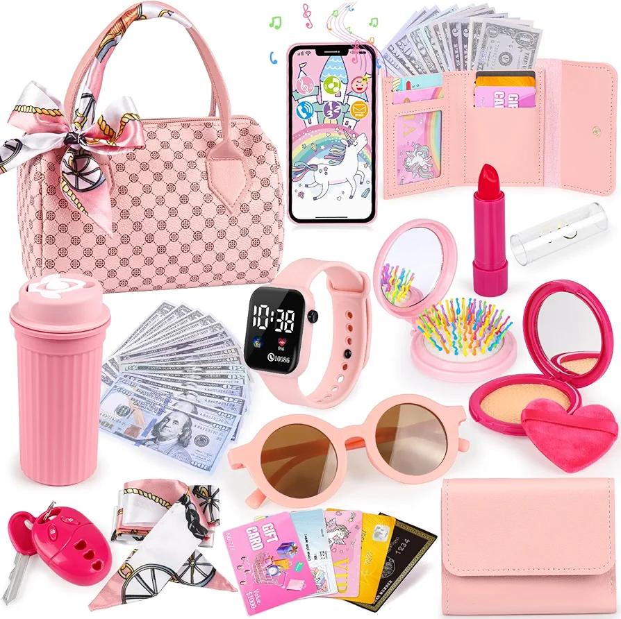 Play Purse for Little Girls, 32PCS Toddler Purse with Pretend Makeup for kids, Princess Toys includes Handbag, Phone, Wristwatch, Silk Scarf Kids Toy Purse Birthday Gift for Girls 3 4 5 6 +