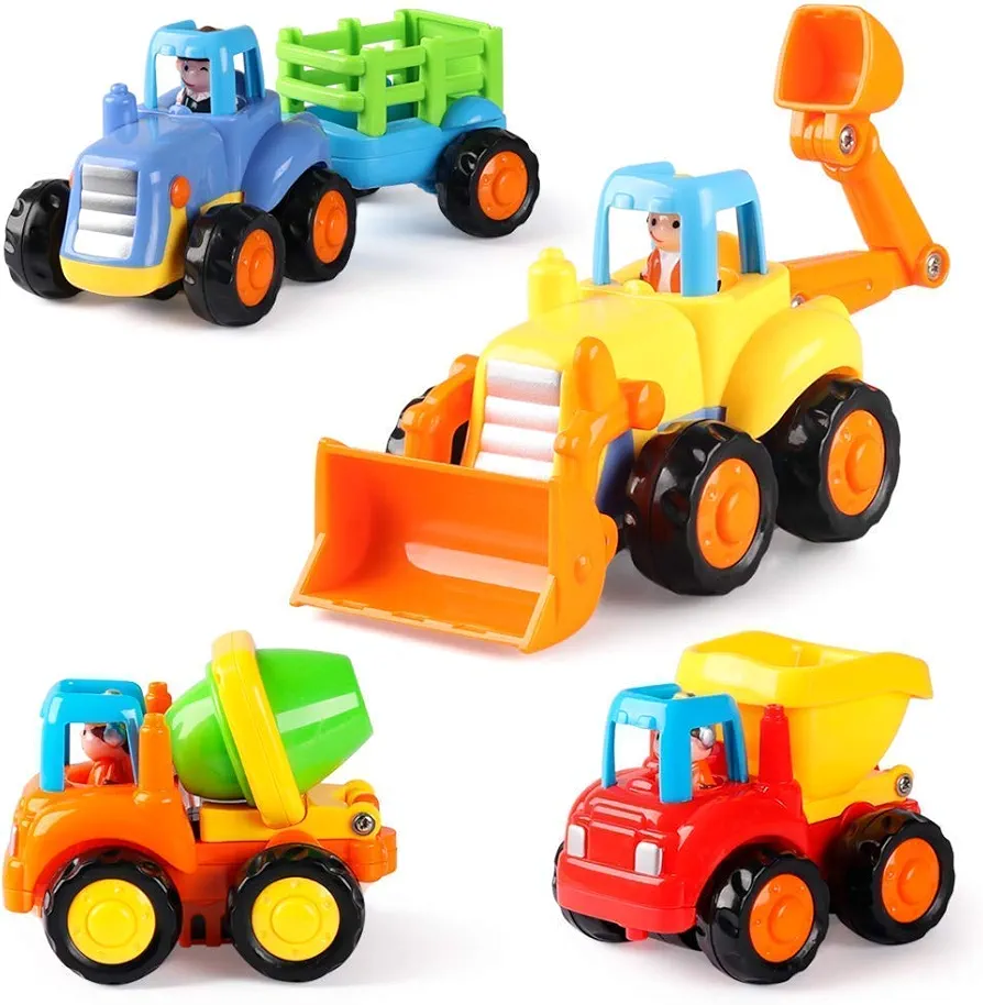 Coogam 4 Pack Friction Powered Cars Construction Vehicles Toy Set Cartoon Push and Go Car Tractor, Bulldozer, Cement Mixer Truck, Dumper for Year Old Boy Girl Kid Gift