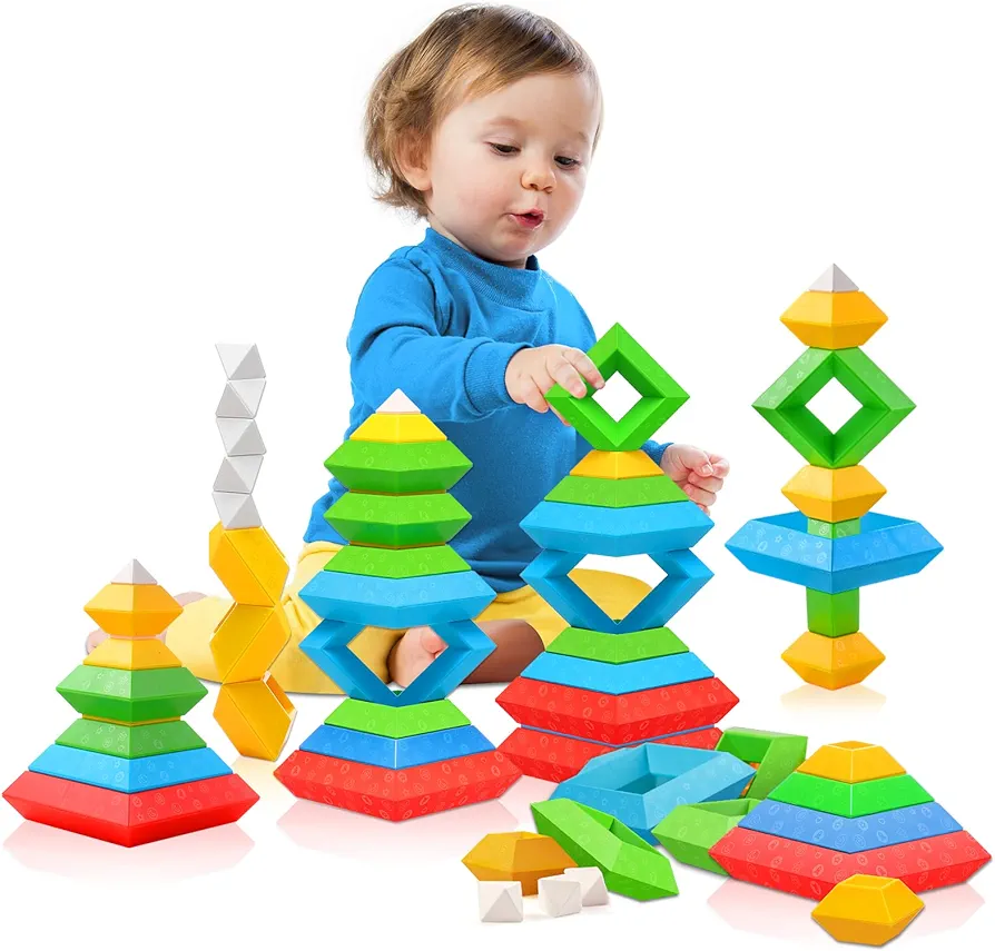 Montessori Toys for 1 2 3 4 Year Old Boys Girls Toddlers Preschool Learning Activities 30Pcs Building Blocks Stacking Educational Toys STEM Sensory Toys Gifts for Kids Age 1-2 2-4