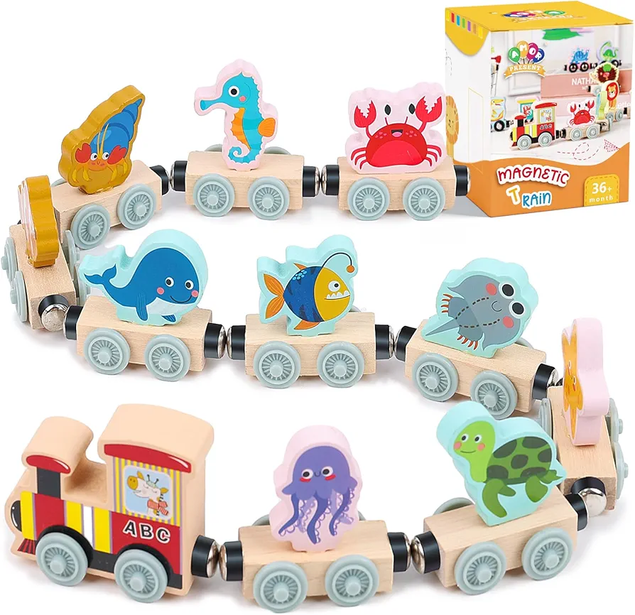 AMOR PRESENT 11PCS Magnetic Wooden Sea Animal Train Set, Montessori Toys for Toddlers Ocean Animal Toys for Preschool Learning Activities Birthday Gifts for Kids