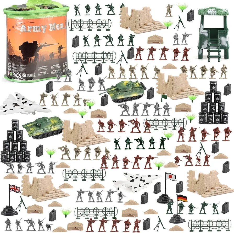 250 PCS Army Men Army Soldier Plastic Toys, Military Action Figures Playset Military Soldiers Bucket with Tanks, Planes, Soldier Figures and Accessories for Kids Boys and Girls