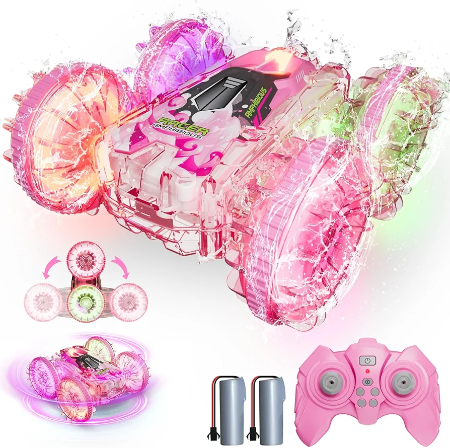 Amphibious Remote Control Car for Water or Land Play, RC Car for Kids Girls with LED Lights 4WD Stunt Car Pink Pool Toys with 70/36Minutes Play 2Batteries,360°Rotation,180°Flip,2.4GHz Remote