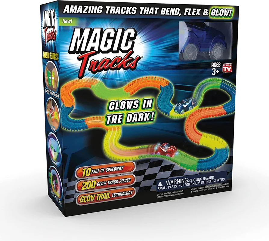 Ontel Magic Tracks 10 Foot Glow In The Dark Bendable Flexible Racetrack with LED Light-Up Race Car, Educational Playset Birthday Gift for Ages 3+