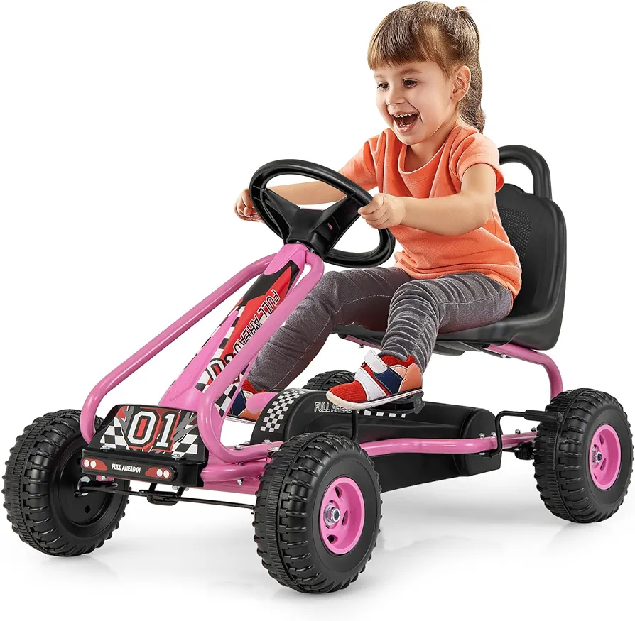 Costzon Go Kart for Kids, 4 Wheel Pedal Powered Go Cart with Adjustable Seat, Handbrake & Non-Slip Wheels, Outdoor Racer Ride On Toy, Pedal Car Gift for Boys Girls (Pink)