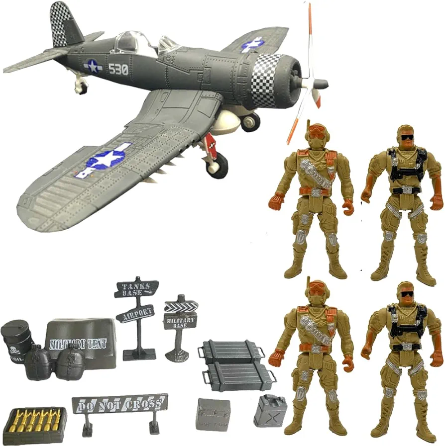 Military Attack Combat Helicopter Play Set with Accessories,WWII Pirate Fighter Jet,Boys Military Toys with Elite Force Army Ranger Action Figures – 4 Pcs Military Toy Soldiers DIY Playset