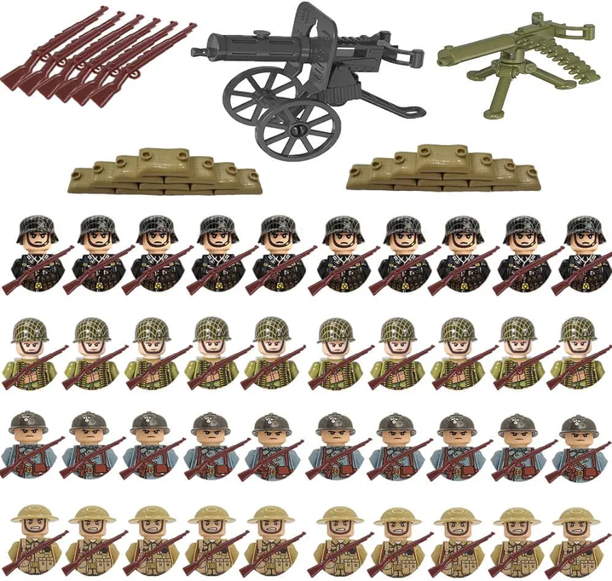 WW2 Toy Soldier Military Building Set American vs German Army Battle Figures Playset Minifigure Pack (40 Army+Maxim)