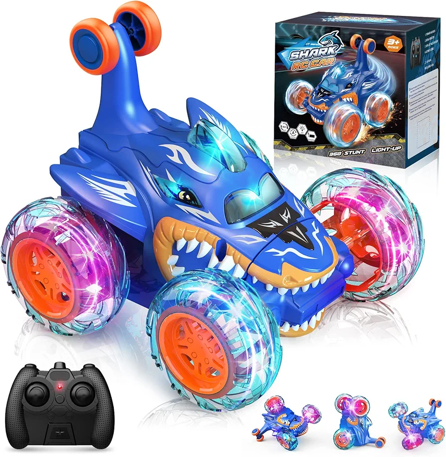 RC Car Toys for Boys 3+: Shark Remote Control Cars for 4 5 6 7 8 9 10 Year Old Boy Gifts 360°Rolling Twister with Lights Cool Outdoor Toy Birthday Gift for Kids Age 4-8 Toddler Monster Truck