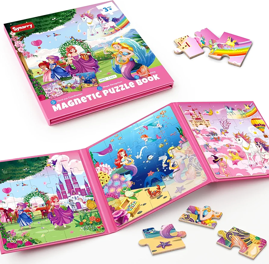 SYNARRY Unicorn Mermaid Princess Magnetic Puzzles for Toddlers 3-5 Girls, 20 Pieces Travel Puzzles for Kids Ages 4-6, Car Airplane Road Trip Activities Toys for 3 4 5 6 Year Old Girls Birthday Gifts