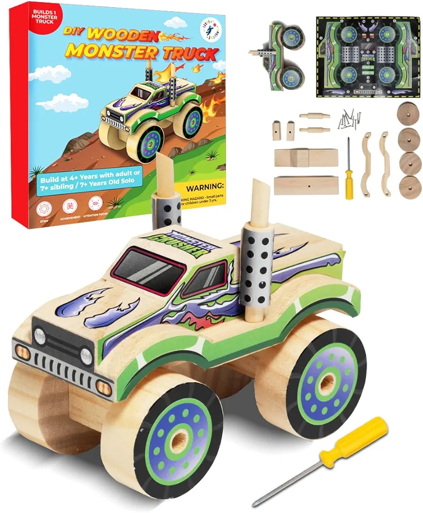 DIY Wooden Kits w/ Stickers - Kids Building Kit - Stem Building Toys - Wood Crafts for Kids - Building Kits for Kids - Woodworking Kits for Kids - Wood Building Kits for ages 4-7 (Monster Truck 2)