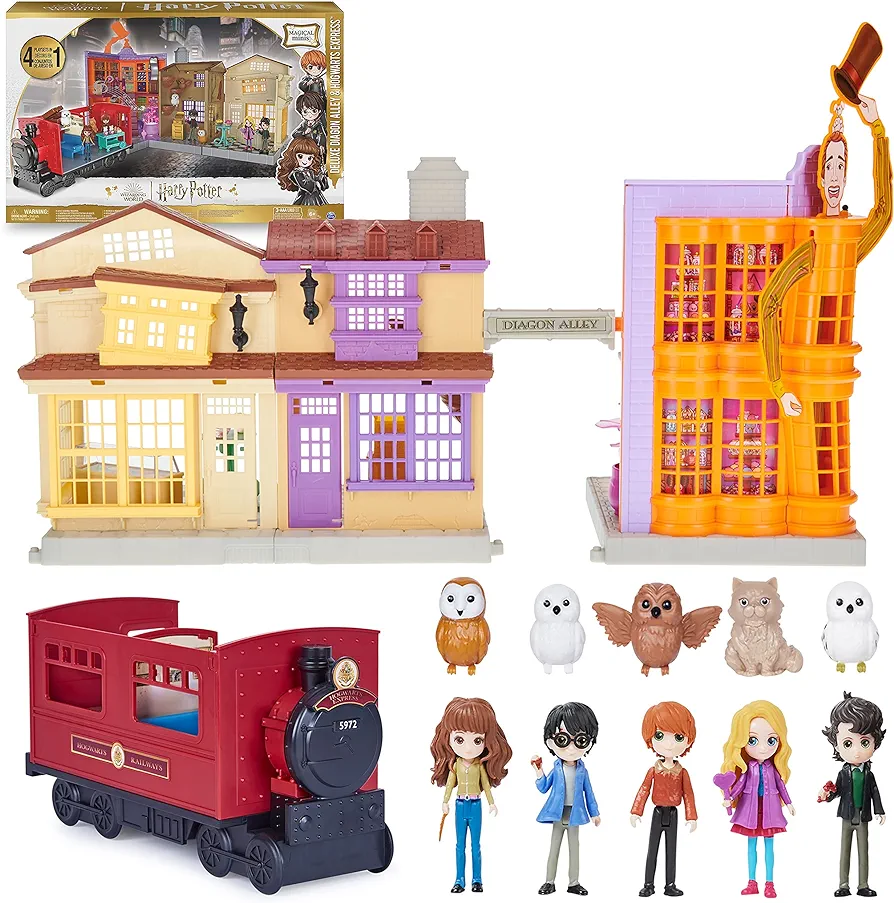 Wizarding World Harry Potter, Amazon Exclusive Deluxe Diagon Alley & Hogwarts Express, 4 Playsets in 1 with Lights & Sounds, 5 Figures, 33 Accessories