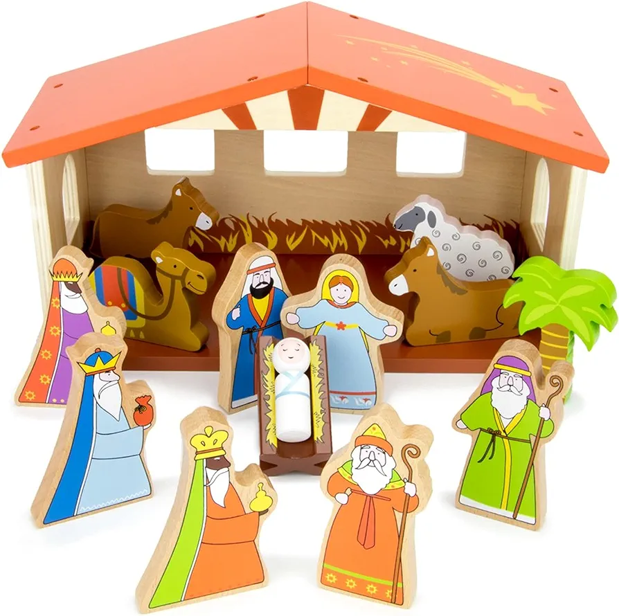 Imagination Generation - Nativity Set for Kids - Nativity Scene, Wooden Toys Playset with Baby Jesus, Angels, Three Kings, Mary and Joseph Figurines for Kids - 15 Pcs