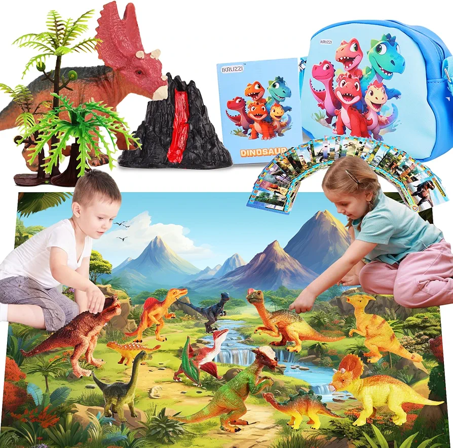 Dinosaur Toys for Kids 3-5,12 Packs Realistic Dino Figures Playset for Boys and Girls,Large Activity Play Mat,Dinosaur Cards,Tree Figures,Great Gifts for Kids