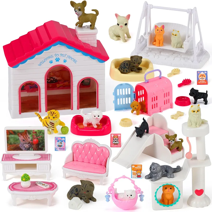 Pet Pretend Play Toys Set Realistic Pet Figures Playset Cat and Dog Care Role Play Educational Figures Toys Pet Dollhouse Toy Set for Boys Girls Birthday Party Gift(38 Pcs, Cat)