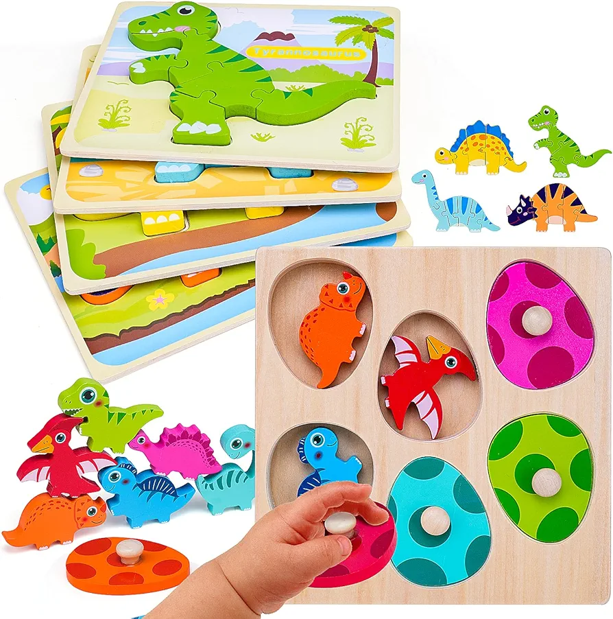 Dinosaur Wooden Toddler Puzzle 1-3 with Dinosaur Eggs Peg Puzzles, Montessori Toys for 1 2 Year Old Boy Girl, Kid Wooden Puzzles Ages 2-4, Dinosaur Toy for Toddler, Learning Preschool Puzzle